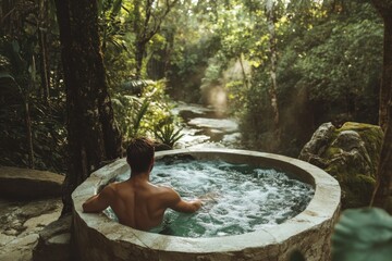 Relaxing in a natural hot tub surrounded by lush greenery in a serene location