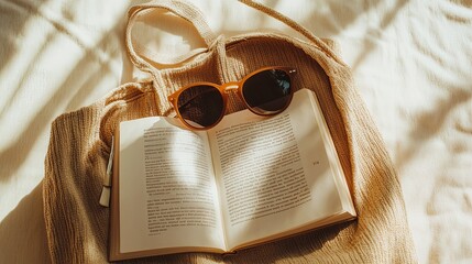 Open beach bag showing a peek of a summer novel and sunglasses, placed on a light backdrop