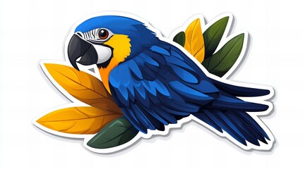 Obraz premium Vibrant blue and yellow macaw parrot perched on tropical leaves. A sticker-style illustration.