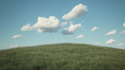 Serene grassy hill under a blue sky with fluffy white clouds.