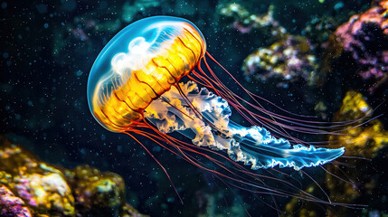 glowing jellyfish swims gracefully in dark waters, showcasing its vibrant colors