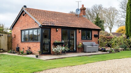 Charming red brick cottage with landscaped garden and cozy seating area on a tranquil afternoon