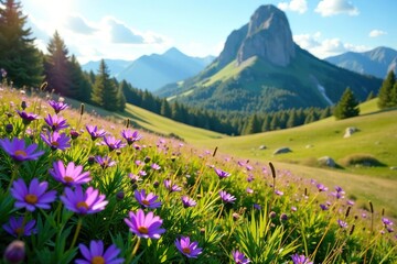Sunny meadow with wildflowers blooming near Table Rock, purple flowers, landscape, table rock