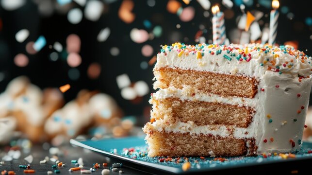 A beautiful layered cake with frosting and candles, exemplifying the essence of celebration, ideal for birthdays and joyful events filled with love and laughter.