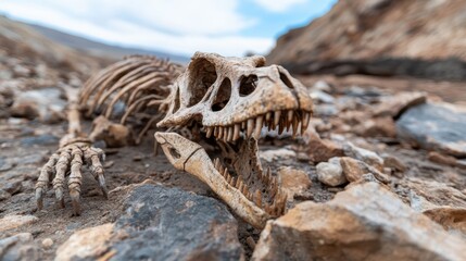 A lifelike dinosaur skeleton lies exposed on rocky terrain, showcasing intricate bone structures...