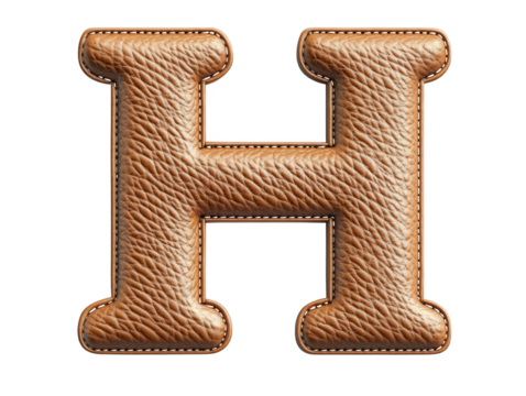 Leather letter h, vintage brown alphabet character with stitching on transparent background 