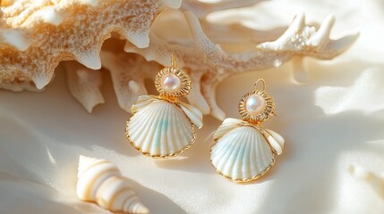 Obraz premium Pair of dangling earrings with seashell charms, displayed on a light background