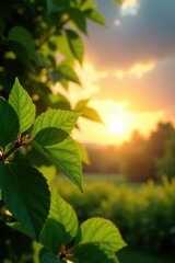 Sunlight filtering through green leaves in the evening sky, nature, evening