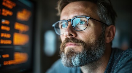 A man with glasses focuses intently on a computer screen, capturing an essence of concentration as he engages with digital data in a modern setting.