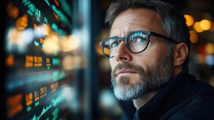 A pensive man in glasses stares thoughtfully at financial data displayed on a screen, reflecting the complexities of modern economic insights and decisions.