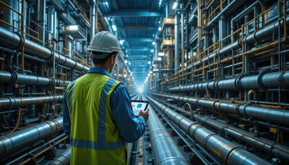 Back view of an engineer inspecting the industrial pipeline oil and gas on site