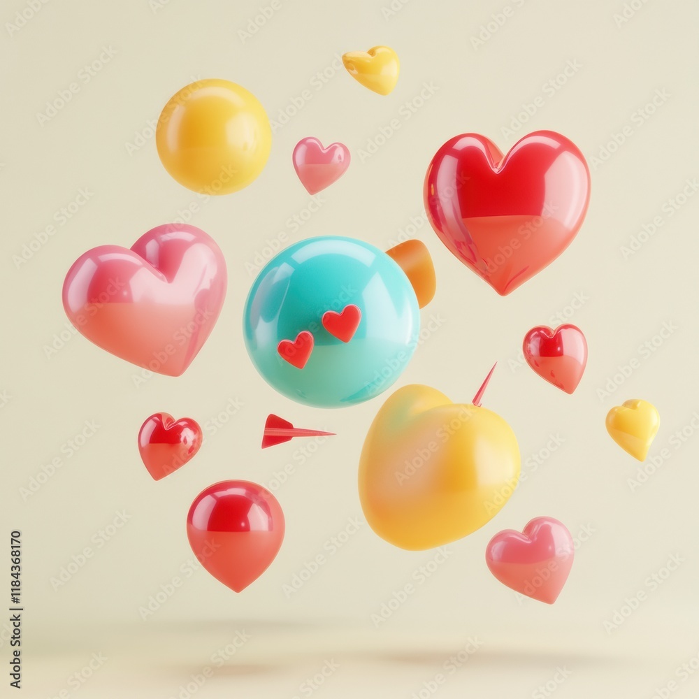 Fototapete colorful floating 3d chat bubbles and hearts creating a playful atmosphere in a digital space. gener