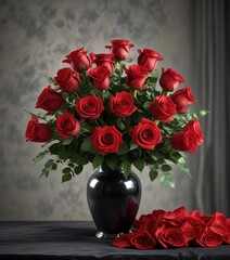 Fototapeta premium Bouquet of red roses in a vase on a velvet background , elegant, flower arrangement, bouquet