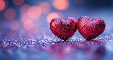 Fototapeta premium Two red hearts on a purple and pink glittery background Valentine's Day