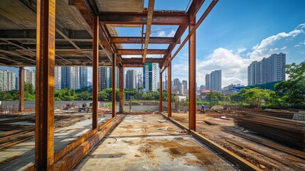 Urban Construction Site with Steel Beam Structure