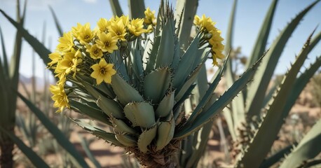 Obraz premium Detailed view of Agave tequila plant flowers and fruit , flowers, closeup