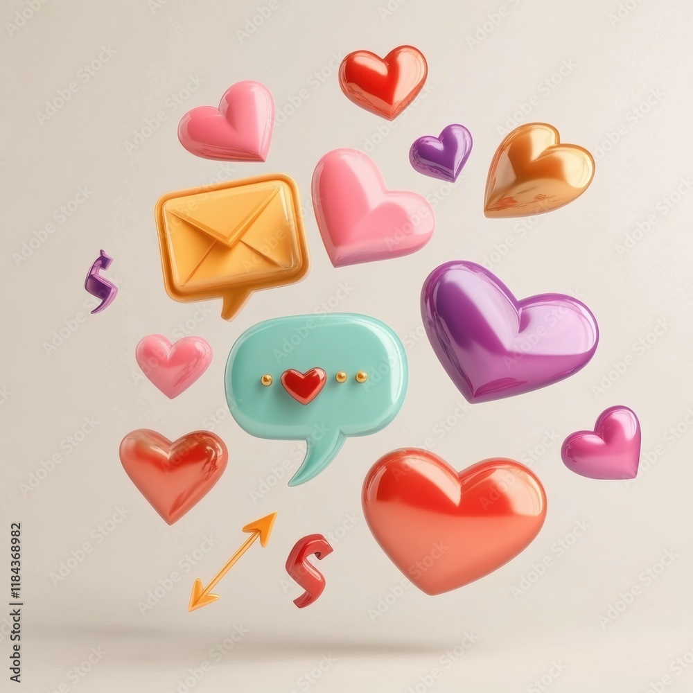 Poster colorful 3d chat bubbles and hearts floating in a vibrant digital space conveying messages of love a