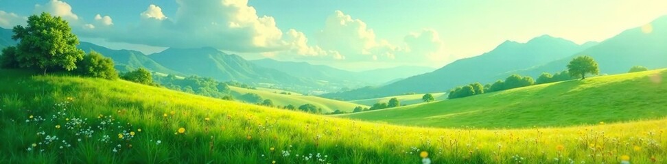 Obraz premium Soothing landscape with blending greens and yellows, nature, blue