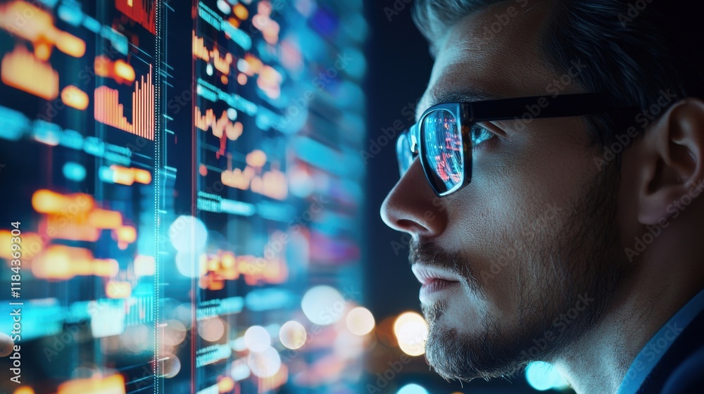 Poster focused man examining complex codes on multiple computer screens in dimly lit office