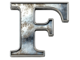 Closeup of a rusty metal letter f, texture, decay and industrial aesthetic in vintage typography