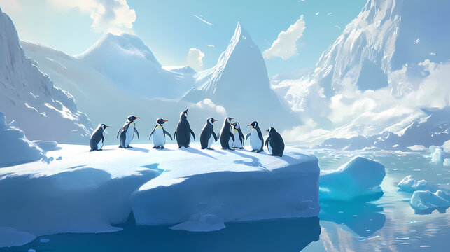 Penguins together on a soft ice floe display unity and cooperation in challenging environments. Frostleaf. Illustration