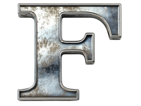 Closeup of a rusty metal letter f, texture, decay and industrial aesthetic in vintage typography