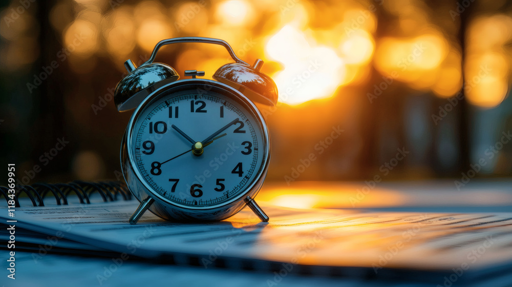 Poster time management techniques illustrated through a planner and clock on a desk stock photo with side c
