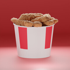 Crispy fried chicken pieces in a striped bucket on a red gradient  background, takeout promotions kfc chicken tasty chicken