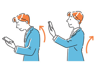 良い姿勢と悪い姿勢でスマホの画面を見る若いビジネスマン男性のイラストセット