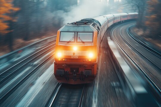 A freight train overtaking a passenger train on parallel tracks, with the industrial landscape blurred in motion,copy space background