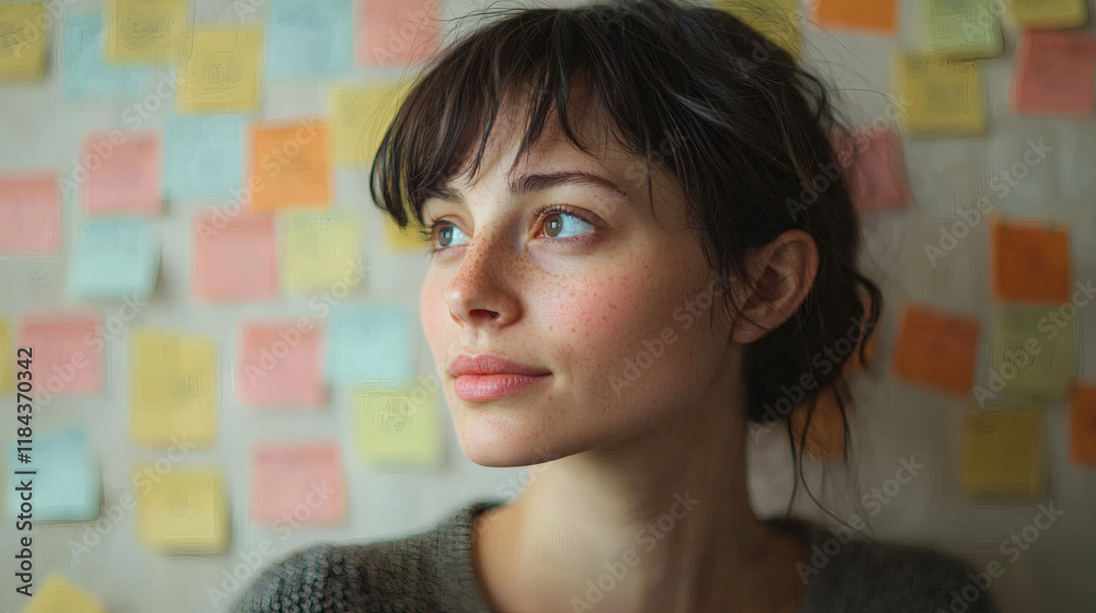Aufkleber A focused individual organizing tasks with sticky notes on a wall Stock Photo with side copy space.