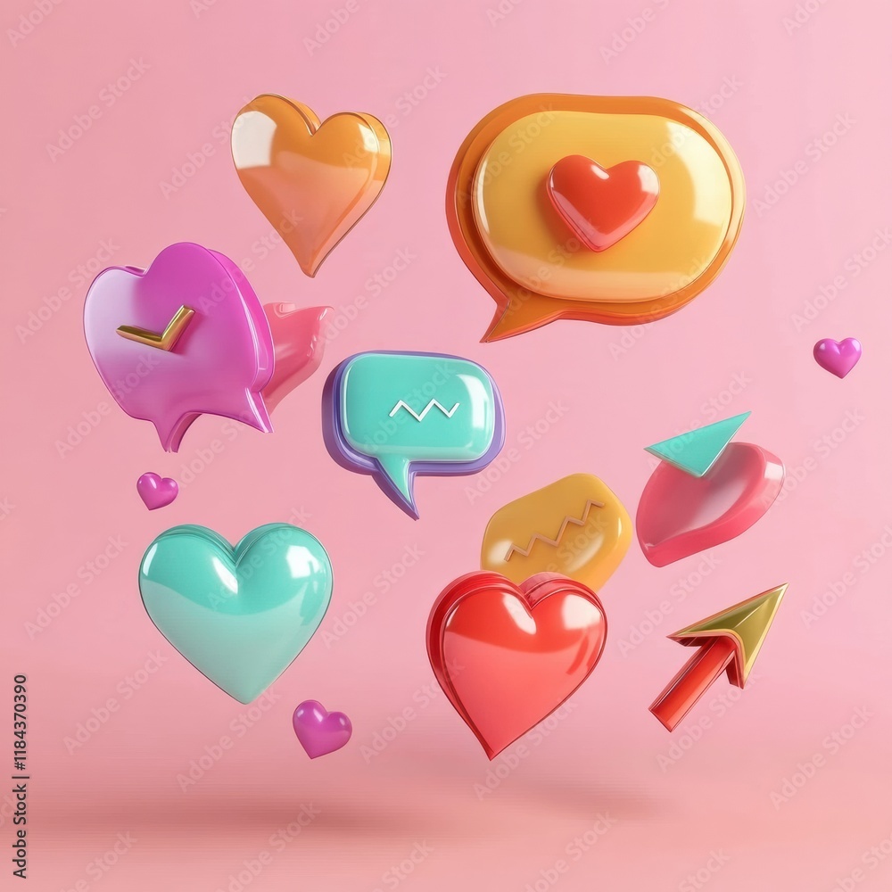 Poster Colorful floating 3D chat bubbles and hearts creating a vibrant visual experience in a soft pink background. Generative AI