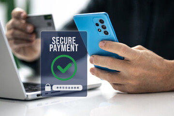 Man using credit card, paying via mobile banking app. 2FA payment, two factor authentication concept