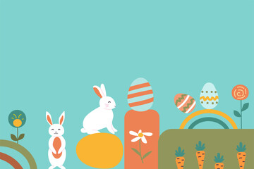 Colorful easter scene with rabbits, eggs, and carrots on pastel background.