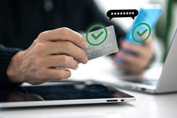 Man using credit card, paying via mobile banking app. 2FA payment, two factor authentication concept