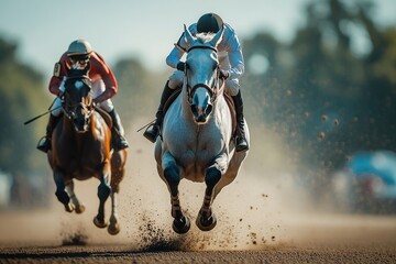 Naklejka premium A horse overtaking another in a dramatic photo finish during a high-stakes equestrian race, dust rising in the background,copy space background