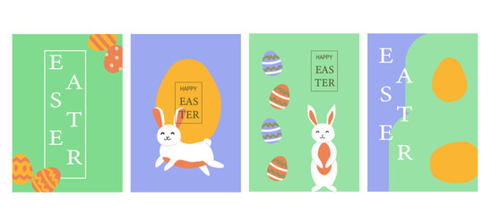 Colorful easter designs featuring eggs and bunnies on pastel backgrounds.