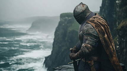 A knight in a foggy forest clearing, his silhouette casting a long shadow against the dim, ethereal light.