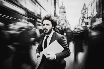 Fototapeta premium A man running through a crowded street, holding a folder tightly, with a look of urgency on his face