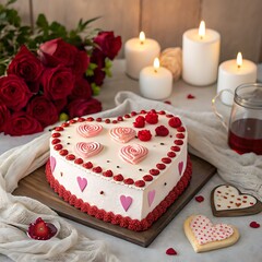 heart shaped cake with rose petals on valentine's day celebration 