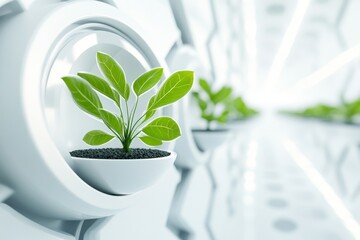 A minimalist design of a vertical farming system, with simple geometric rows of plants growing upwards in shades of green on a white background