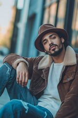 Fototapeta premium A confident young man poses stylishly on an urban street.