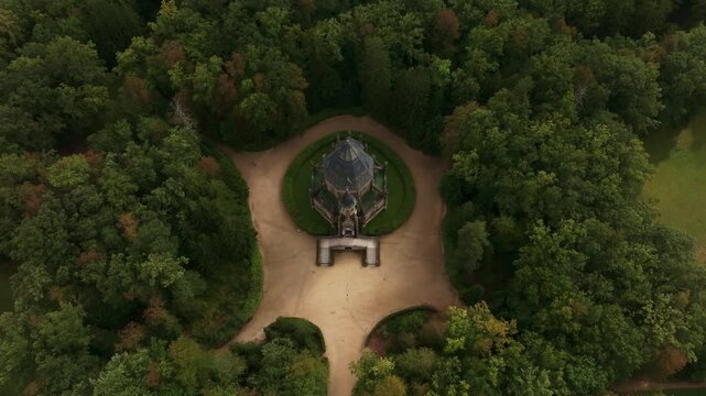 Aerial view of the historic Schwarzenberg tomb surrounded by lush greenery and tranquil woodland, Trebon, Czech Republic.