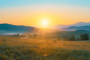 Fototapeta premium Golden Sunrise Over Rolling Hills Landscape