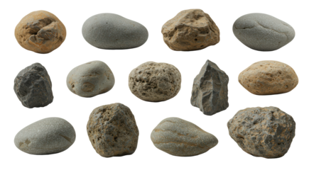 A collection of rocks of various sizes and shapes on a transparent background