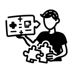 A hand drawn icon of a person holding puzzle pieces directing finding solution
