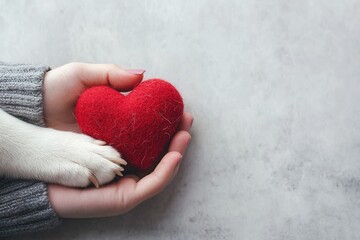 A cozy hand holds a red heart while a dog's paw rests gently on it, symbolizing love and companionship.