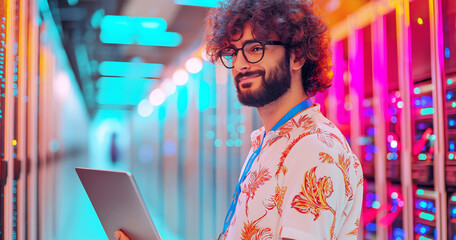 Tech professional in colorful data center with tablet