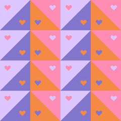 Geometric pattern with small hearts in retro style. Seamless vector background with modular triangles and little hearts in pink, orange and purple shades