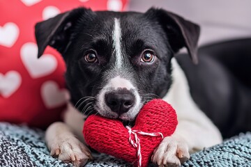 A cute black-and-white dog holds a red heart toy, surrounded by a cozy setting adorned with heart patterns.